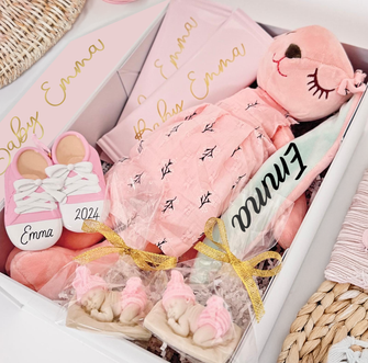 Baby Girl Gift Box Personalized -- Plush Bunny + Christmas Ornament + Soaps + Chocolates -- New Parent Corporate Baby Shower Decorations