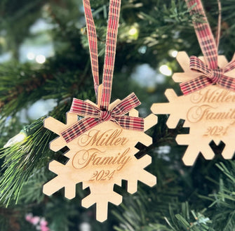 Wood Family Ornament - 2024 Christmas Custom Gift, Laser Engraved Personalized Decor Holiday Stocking Idea - Made in USA - With Plaid Ribbon