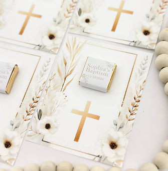 Baptism Chocolate Favors - Boy Girl Neutral Custom Cross Thank You Ideas Personalized Centerpiece Decor White Gold Elegant Bulk Guest Gift