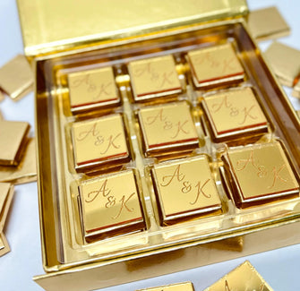 Custom Chocolates - Made in USA - Personalized Gold Mirror Wedding Decor, Bridal Shower Gift Box Custom Engagement Wrapped Square Foil Candy