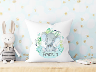 Baby Elephant Pillow Cover with Name - Elephant Nursery Baby Decor Bedding, Elephant Baby Shower Gift, Girl Boy Baby Safari 18x18 Pillowcase