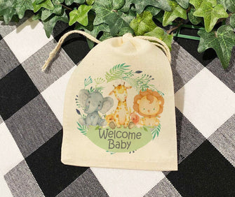 12 Safari Cotton Gift Bags - Jungle Baby Shower Party Favors First Birthday Decoration Gift for Guest in Bulk Girl Boy Neutral Kid Wild One