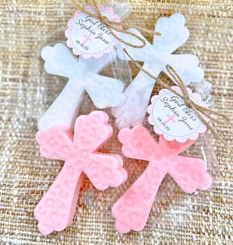 Cross Soap Favors - Baptism First Communion Holy Confirmation Baby Girl Gold Pink Christian Christening Gift for Guests in Bulk Decorations