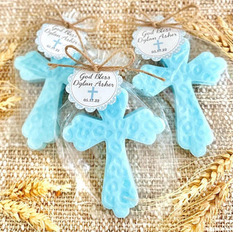 Cross Soap Favors - Boy Baptism First Communion Holy Confirmation Baby Gold Blue Christian Christening Gift for Guests in Bulk Decorations