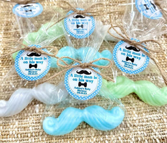 Little Man Soap Favors - Boy Baby Shower, First Birthday Decorations, Mustache Party Soap Gift for Guests in Bulk, Blue Custom Babyshower