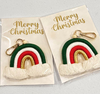 Macrame Christmas Keychain - Gift for Her, Gold Green Red Charm Big Rainbow, Stocking Stuffer Ideas Women Mom Coworker Sister Holiday Decor