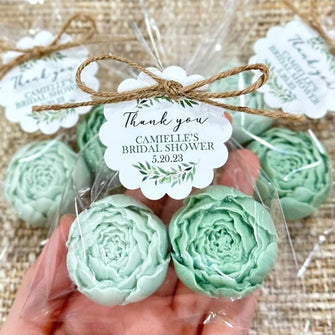 Sage Green Peony Soap Favors --- Baby Shower Girl in Bloom Bridal Wedding Decor Wild Flower Theme Party Gift for Guests in Bulk