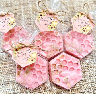 Pink Honey Oatmeal Soaps - Scented Bee Baby Shower Favors, Queen Bridal Shower Oat Decorations, Kids Mommy Birthday Gift for Guests in Bulk