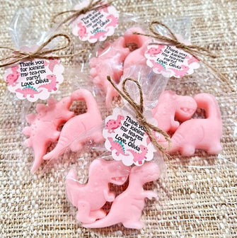 Pink Dinosaur Soap Favors -- Girl Birthday Party Gift for Guests in Bulk, Dino Baby Shower, Kids First Bday Pastel Two-Rex Trex Decorations