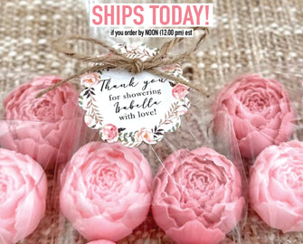 Mini Peony Soap Favors - Baby Shower Girl in Bloom, Bridal Wedding Decor, Wild Flower Dusty Rose, Blush Gold Party Gift for Guests in Bulk