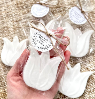 White Tulip Soap Favors --- Baby in Bloom Shower Decorations Girl, Bridal Lucky in Love is Blooming Floral Wedding Party Guest Gift in Bulk