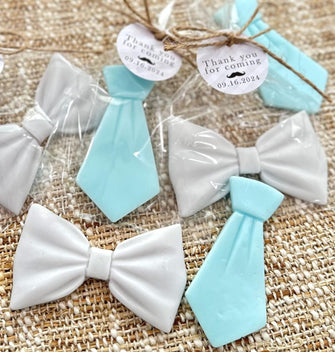 Little Man Soap Favors - Boy Baby Shower, First Birthday Decor, Party Soap Gift for Guests in Bulk, Gray Blue Bow Tie Custom Babyshower