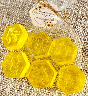 Gold Honey Bee Soaps - Baby Shower Favors, First Birthday, Queen Bridal Decorations, Honeycomb Kids Mommy Birthday Gift for Guests in Bulk