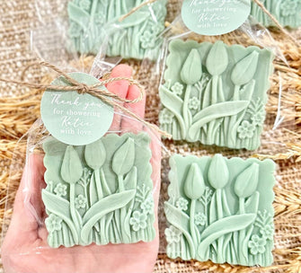 Sage Green Flower Soaps -- Bridal Shower Favors, Baby in Bloom Girl Boy Sprinkle Wildflower Guest Gift in Bulk, Boho Rustic Wedding Party