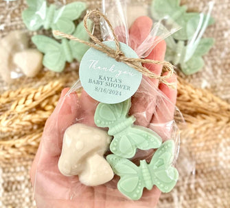 Mushroom & Butterfly Soaps - Woodland Baby Shower Favor Birthday Sage Green Ivory Garden Boho Fairy Floral Garden Guest Gift Bulk Decoration