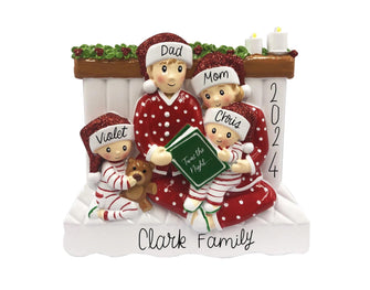 SHIPS NEXT DAY - Family of 4 Reading Christmas Ornament - Parents and 2 Kids Child Baby Toddler Infant, 2024 Mom Dad Personalized Book Decor