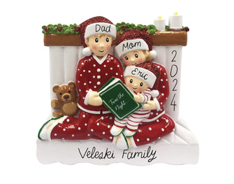 SHIPS NEXT DAY - Family of 3 Reading Christmas Ornament - Parents and 1 Kid Child Baby Toddler Infant, 2024 Mom Dad Personalized Book Decor