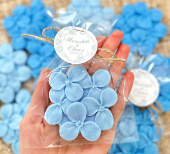 Dusty Blue Soap Favors - Hydrangea Clover Shaped Gifts for Guests in Bulk, Baby Shower Decor, Bridal Bachelorette Something Blue Wedding