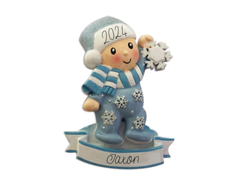 Baby Boy In Pajamas Holding Snowflake Ornament - Kids Ornament 2024 Ornament -- Personalized