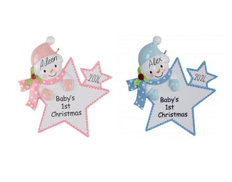 Baby First Christmas Ornament - 2024 Baby Girl Baby Boy Gift Personalized, Custom New Baby Pink Blue Boy Girl Baby's First Star Snowman