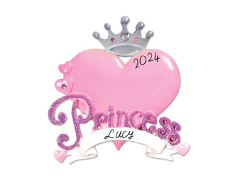 Pink Princess Christmas Ornament - Kids Toddler Girl Gift Ornament, Custom 2024 Personalized Gift for Girl, Heart Tierra Crown Girl Ornament