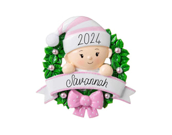 2024 Baby in a Wreath Ornament Personalized - Girl Baby Christmas Ornament Baby Christmas Wreath Pink New Baby Shower Holiday Nursery Gift