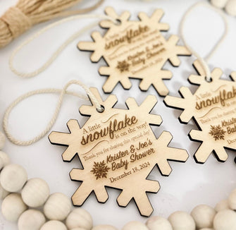 Bulk Personalized Ornament Magnet Favors - Baby Shower Snowflake on the Way Wood Girl Boy Winter Christmas Holiday Rustic Decor Guest Gift