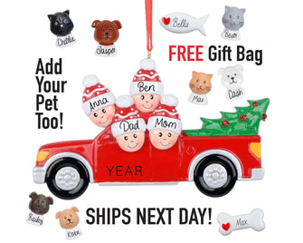 NEW Christmas Tree Family Ornament 2025 -- On a Red Truck Farm Country Holiday Gift Friends Camping Forest 2 3 4 Parents Kids People Decor
