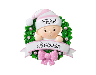 2025 Baby in a Wreath Ornament Personalized - Girl Baby Christmas Ornament Baby Christmas Wreath Pink New Baby Shower Holiday Nursery Gift