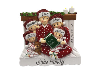 SHIPS NEXT DAY - Family of 5 Reading Christmas Ornament - Parents and 1 Kid Child Baby Toddler Infant, 2025 Mom Dad Personalized Book Decor