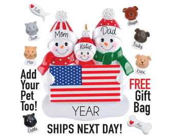 2025 Family Ornament - Personalized Gift with American Flag, Couple or Family of 3 4 with Pets, Patriotic Christmas Gift Stocking Tree Decor