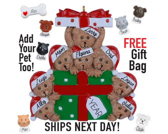 NEW Personalized Large Family Christmas Ornament - 6 7 8 9 People Big Family - 2025 Gift Box Brown Bear Custom, Add Pets Dog Cat, Tree Decor