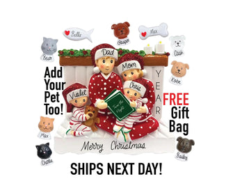 Family Christmas Ornament - 2025 Family of 3 4 5 Ornament with Pet Dog Personalized People Pajama Family, PJ Family Reading Story Kid Child