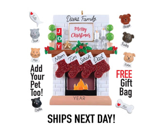 Modern 2025 Personalized Family Christmas Ornament - Fireplace Mantel Tree Decor Dog Cat Fish Pet Family of 2 3 4 5 6 Custom Grandkid Gift